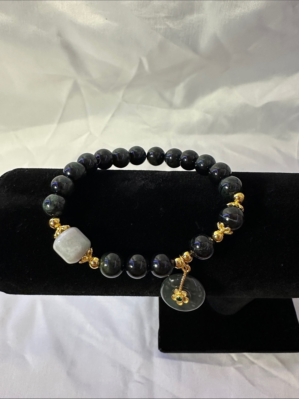 Jade Bead Bracelet with Gold Accents and Jade Charm
